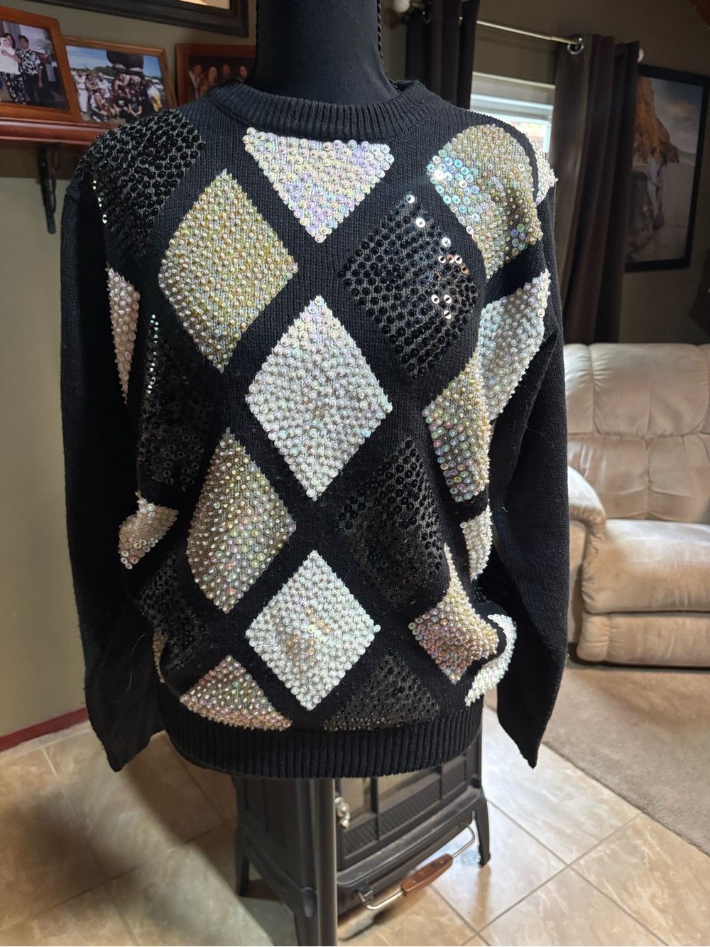 Alfred Dunner Black Sweater with Iridescent Sequin Diamond Pattern
